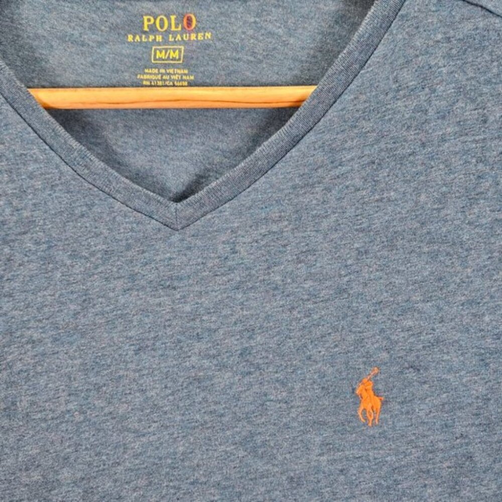 Polo Ralph Lauren Blue V Neck T-Shirt Men's M Orange Pony Casual Short Sleeve - Picture 7 of 10